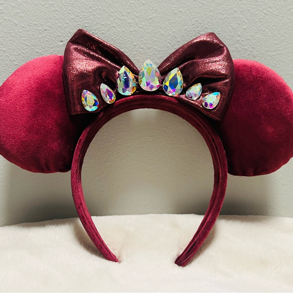 Disney Ears Rhinestones Cranberry Handmade - Picture 2 of 3